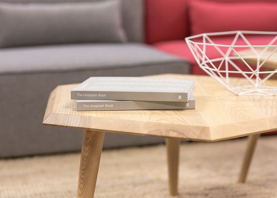 two, books, wooden, coffee table, sofa, gray, unsplash, table, wood, interior