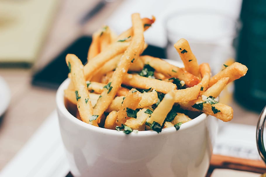 potato fries, white, ceramic, bowl, french, fries, parsley, leaves, food, eat