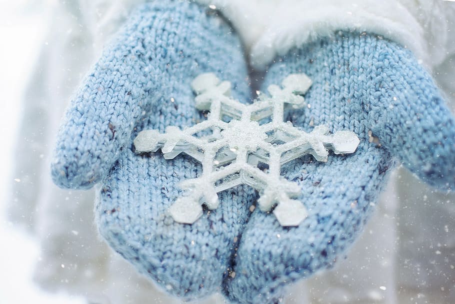 pair, blue, knitted, gloves, snow, winter, mittens, snowflake, cold, season