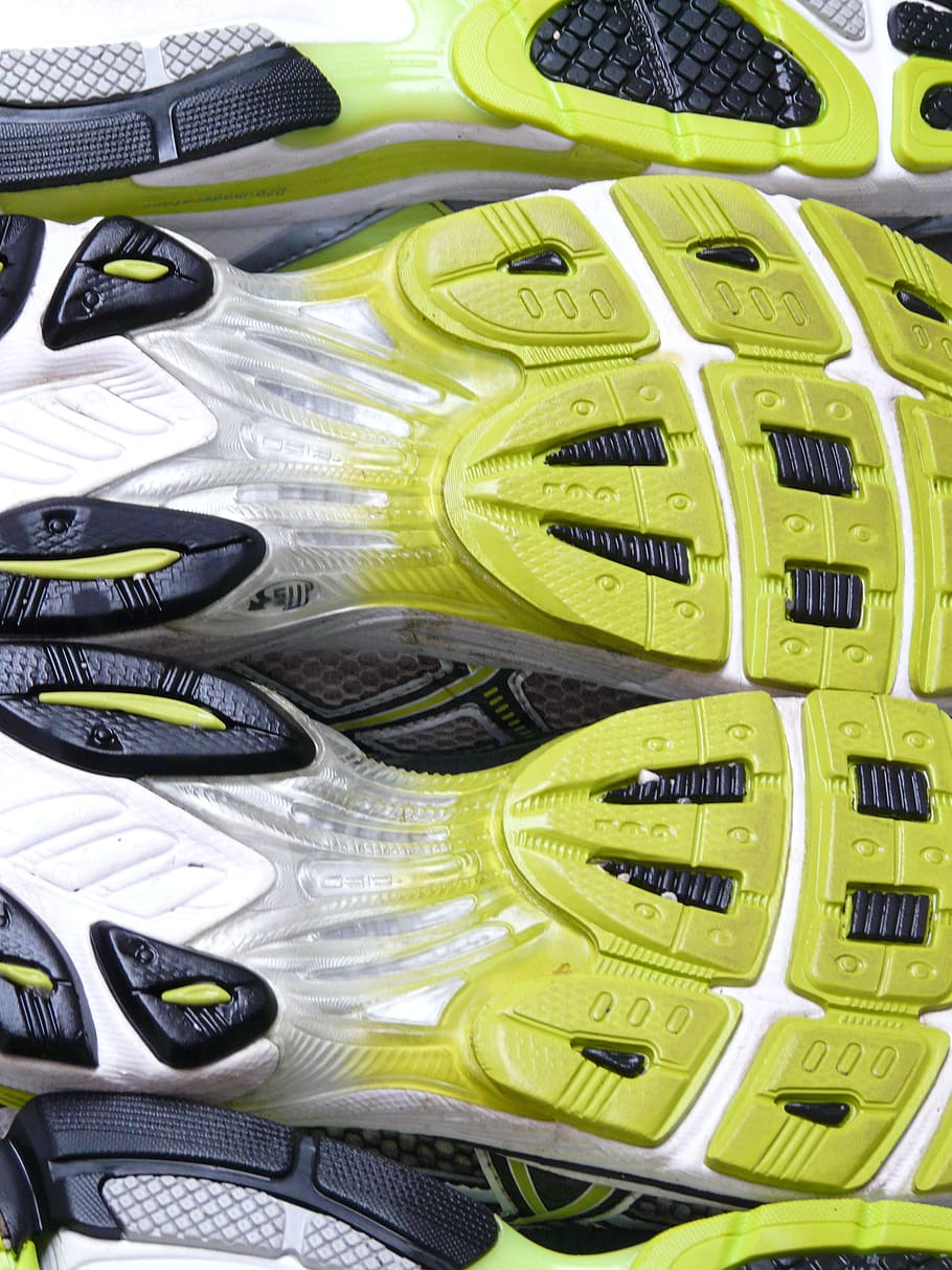 sepatu lari, sepatu olahraga, sol, olahraga, profil, karet, sol karet, jogging, lari, hijau neon