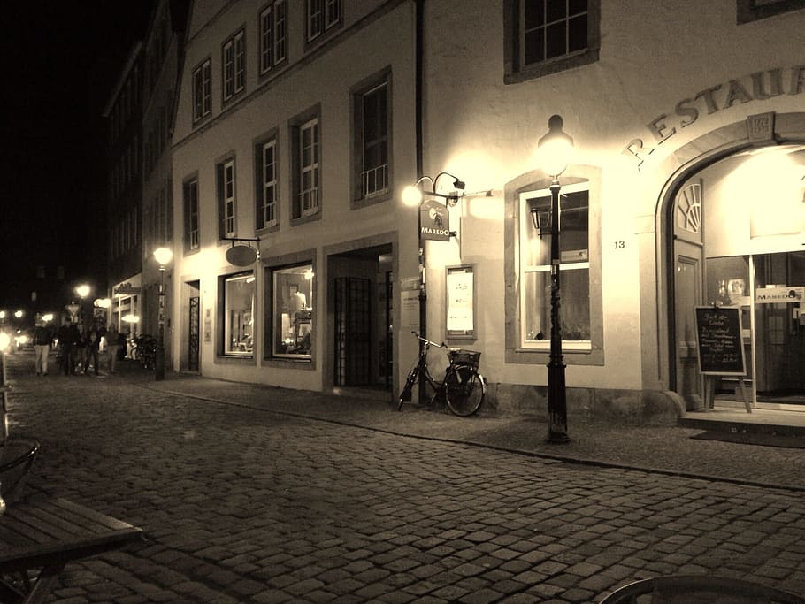 osnabrück, alley, evening, old town, twilight, building exterior, illuminated, architecture, street, night