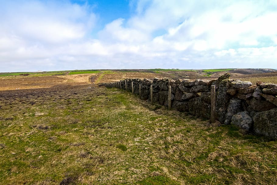 landscape, cornwall, stone hedge, stone wall, nature, stone Material, cloud - sky, sky, environment, scenics - nature