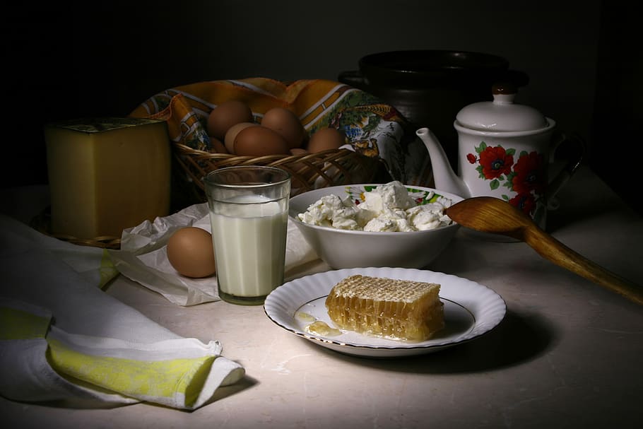 breakfast, still life with cheese and honey, honeycomb, milk, egg, cheese, table, dinner, food, nutrition