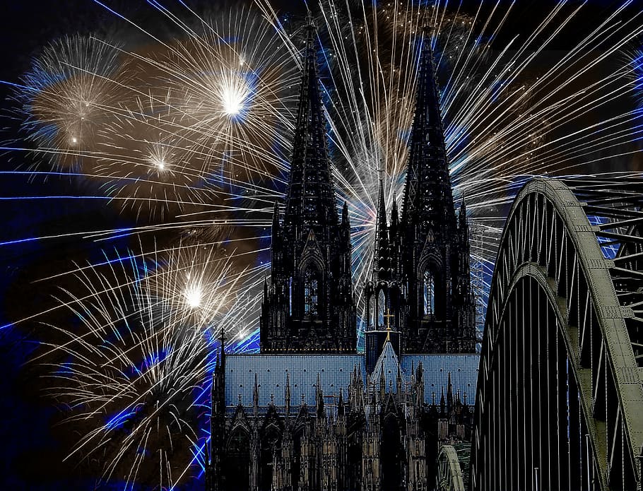 gray, concrete, castle, fireworks, cologne cathedral, darkness, new year's eve, romantic, mood, background image
