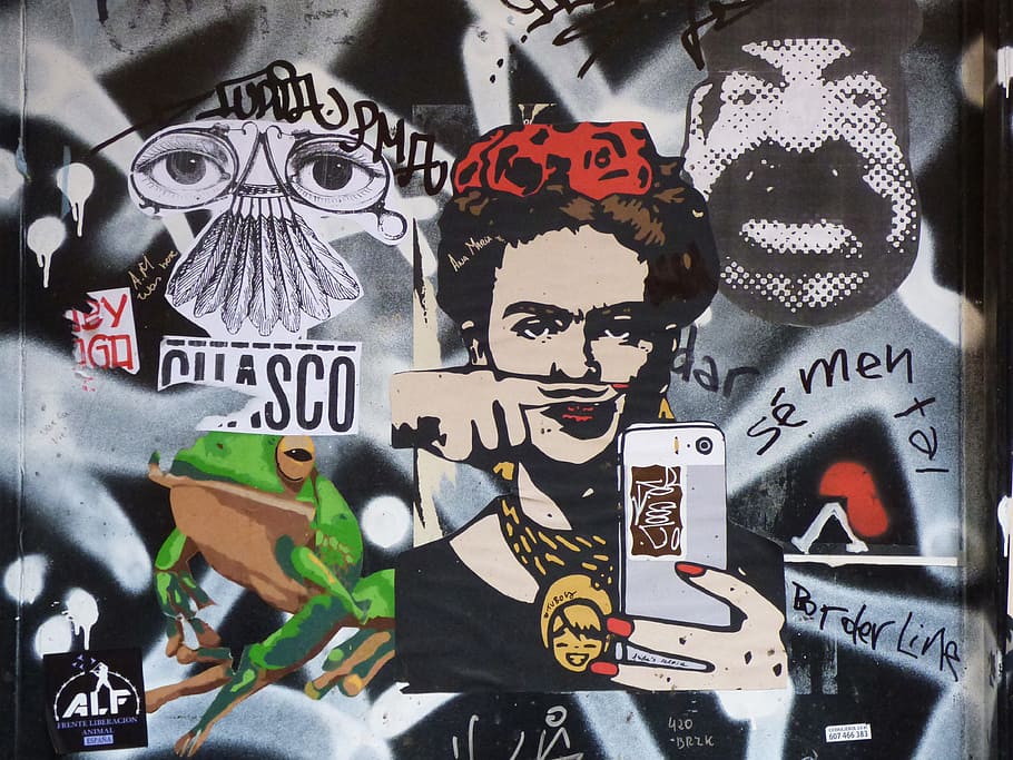 frida kahlo, holding, white, android smartphone murals, Frida, painting, urban art, graffiti, collage, street art