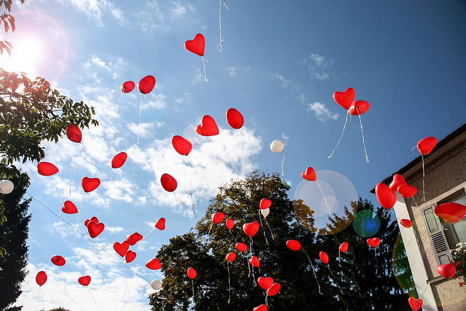 floating, red, heart balloons, balloon, heart, romance, romantic, heart shaped, fly, upgrade