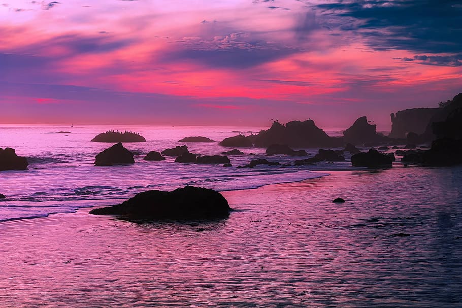 silhouette, rock, sea, malibu, california, sunset, dusk, sky, clouds, beautiful