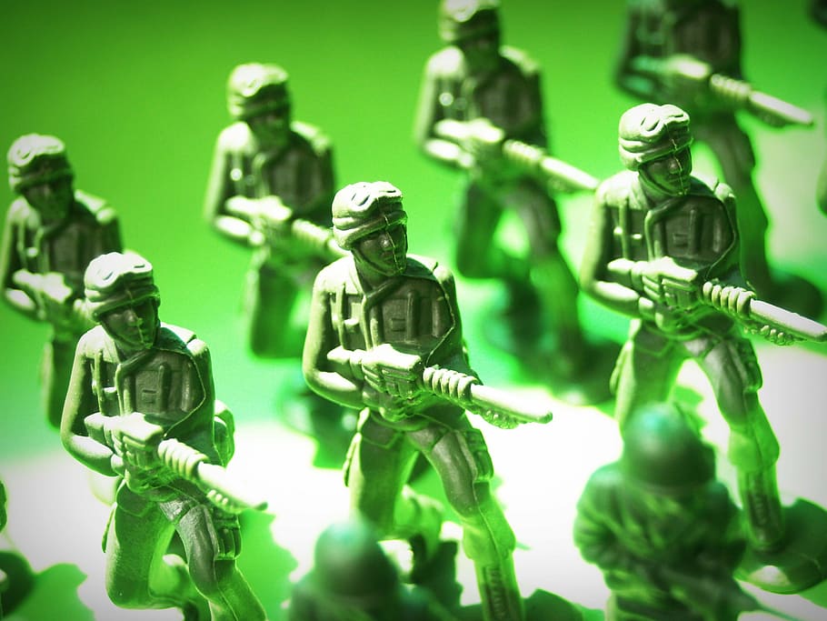 close-up foto prajurit mainan, formasi, mainan, tentara, plastik, aksi, perang, hijau, penjaga, kecil