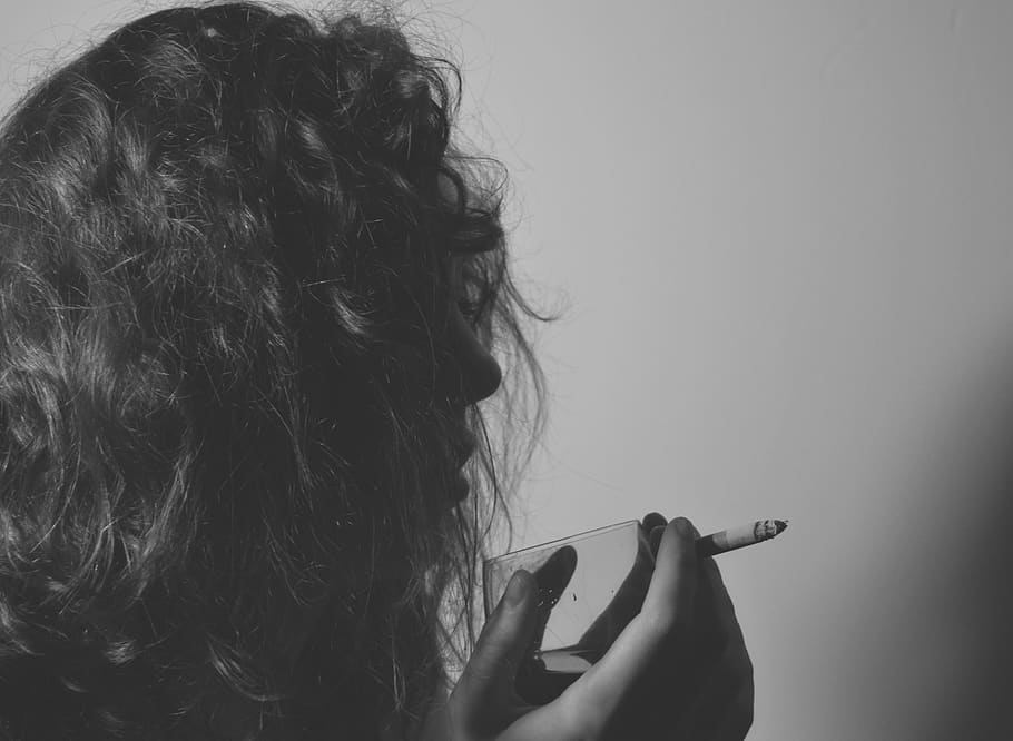 woman, black and white, wine, cigarette, smoking issues, holding, bad habit, hair, smoking - activity, one person