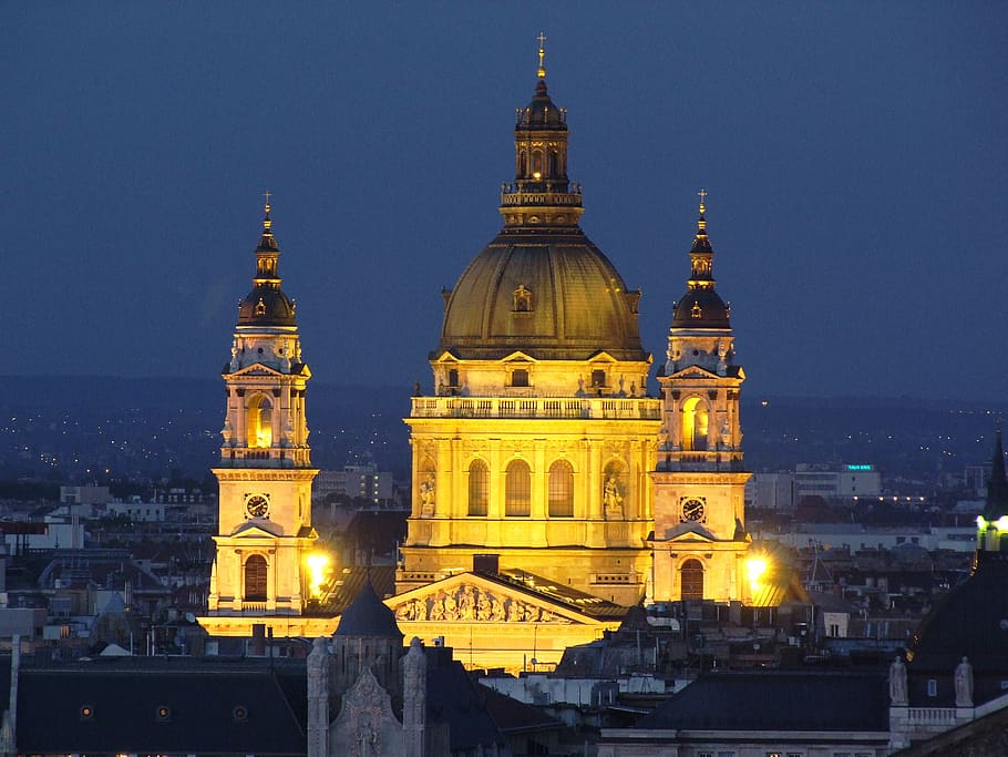 st stephen's basilica, budapest, catholic church, building, famous, architecture, built structure, building exterior, night, illuminated