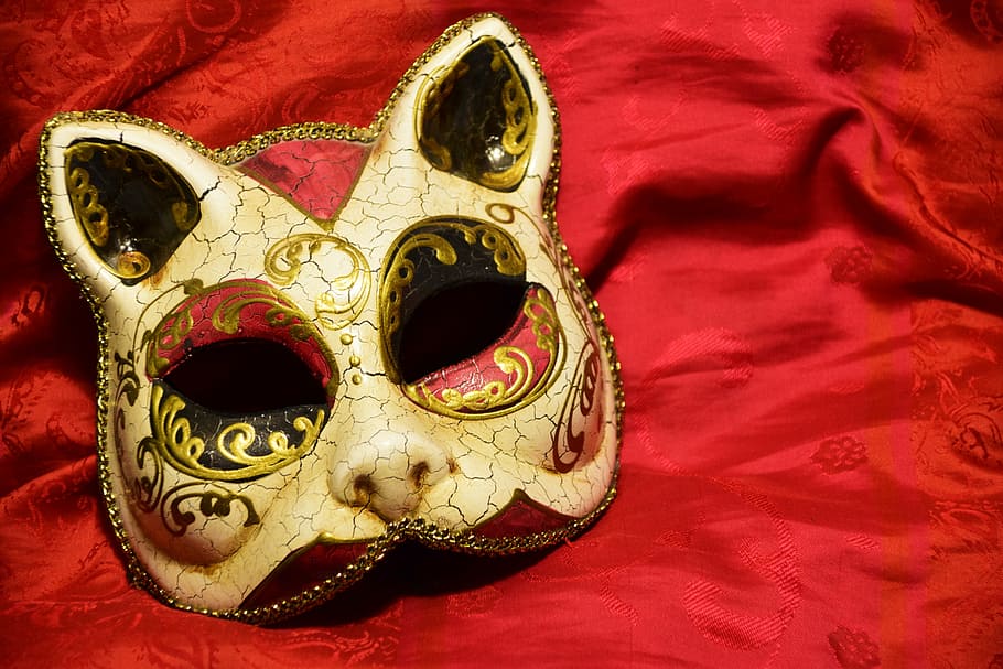 gold masquerade cat mask, red, textile, mask, cat, carnival, color, cat mask, larva, cats larva