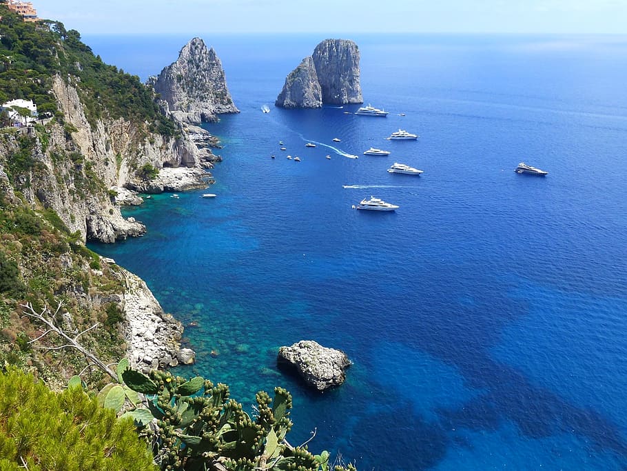 aerial, photography, 6 yachts sailing, water, daytime, capri, marine, cliffs, sea, scenics - nature