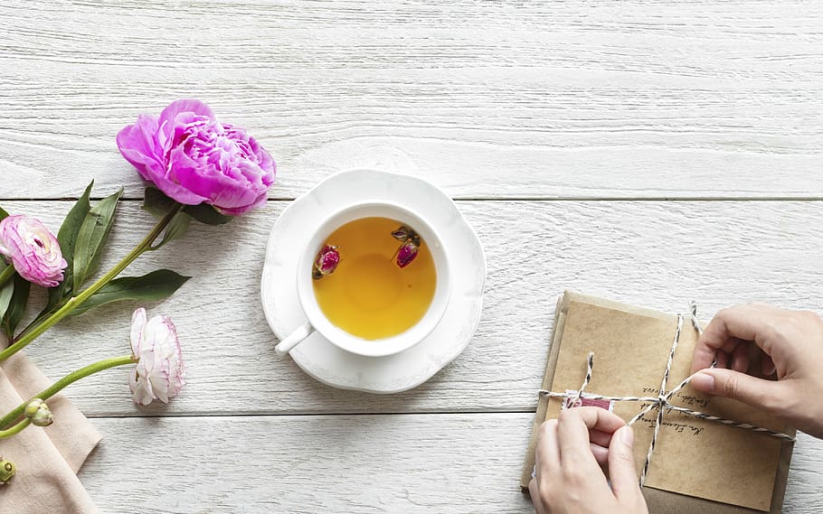 white, ceramic, teacup, saucer, pink, flower, aerial, afternoon, background, beverage
