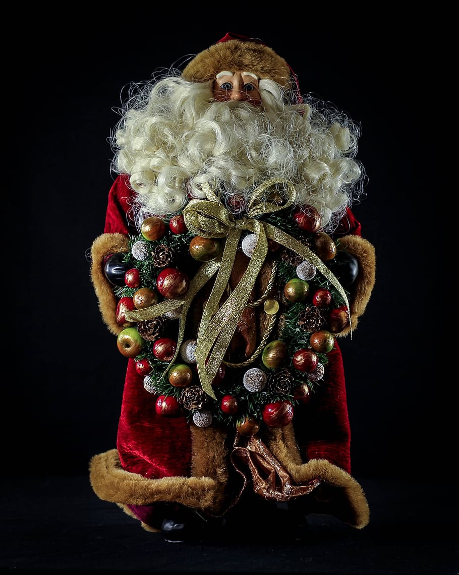 Papai Noel, São Nicolau, Pai Natal, Natal, decoração do feriado, barba branca, casaco de pele, boneca, manequim, grinalda