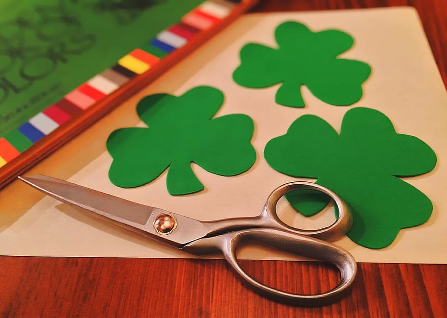 silver scissors, green, clover paper cutouts, shamrock, clover, irish, st patricks day, green color, indoors, table