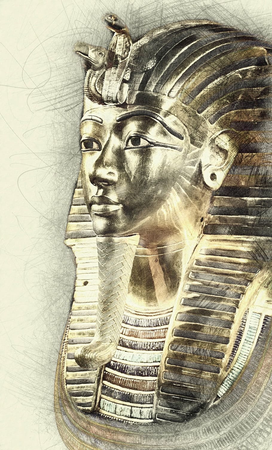 sketsa pensil mesir, tutankhamun, topeng kematian, mesir, patung, kuno, budaya, firaun, arkeologi, pariwisata