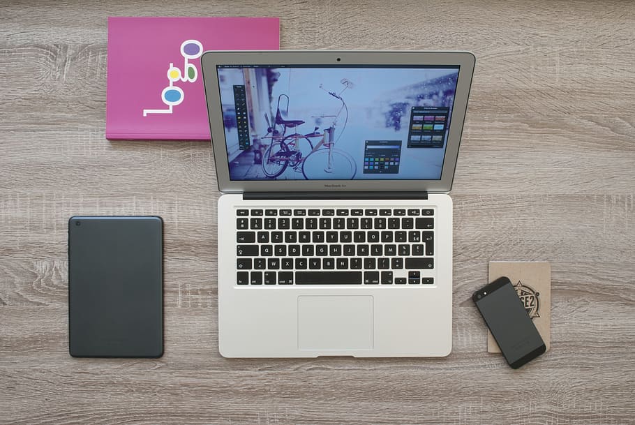 macbook, ipad, iphone, notebook, book, desk, table, workspace, technology, communication