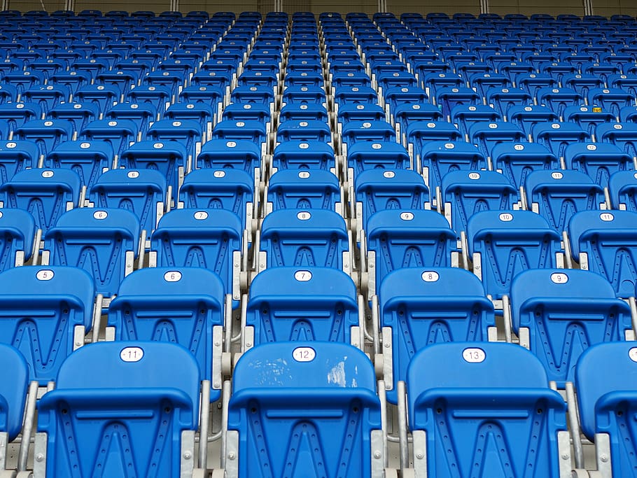 seats, football, placement, blue, repetition, absence, seat, full frame, empty, in a row