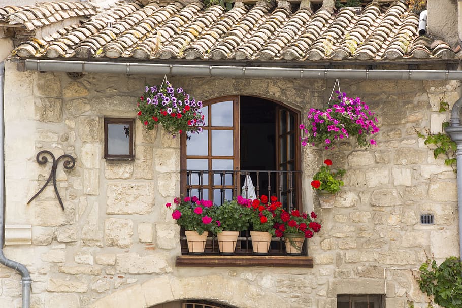 opened brown window, Balcony, Flowers, Plant, Nature, balcony plant, facade, house facade, flower boxes, flower