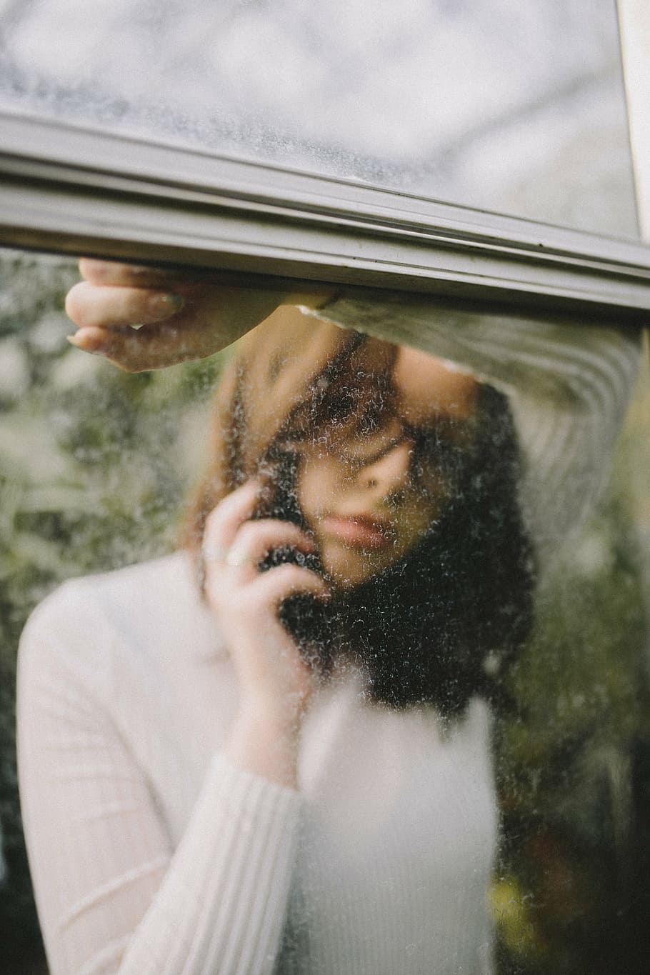 reflection, woman, wearing, white, sweater, glass window, people, girl, talking, phone