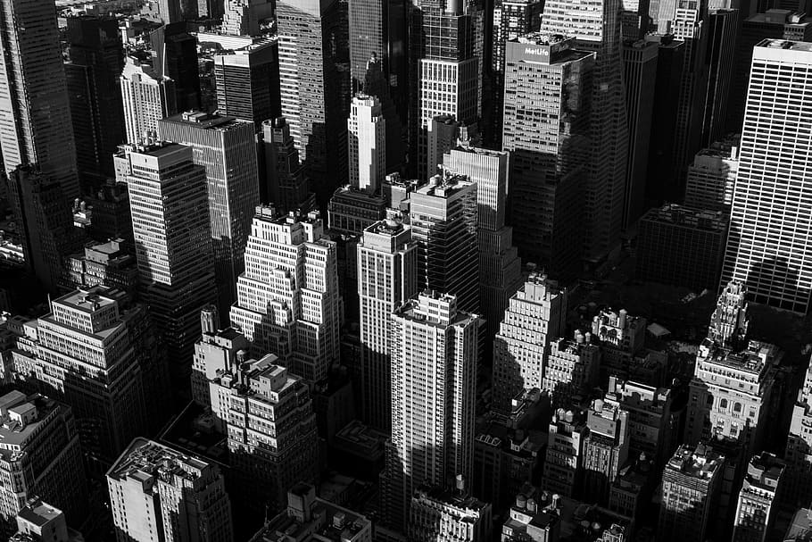 grayscale photography, buildings, city, new york city, usa, metropole, cityscape, skyscrapers, aerial view, black and white