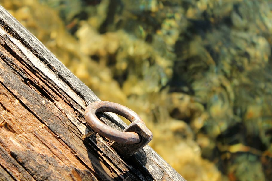 anchor, attach, fixing, iron ring, focus on foreground, metal, rusty, wood - material, day, close-up