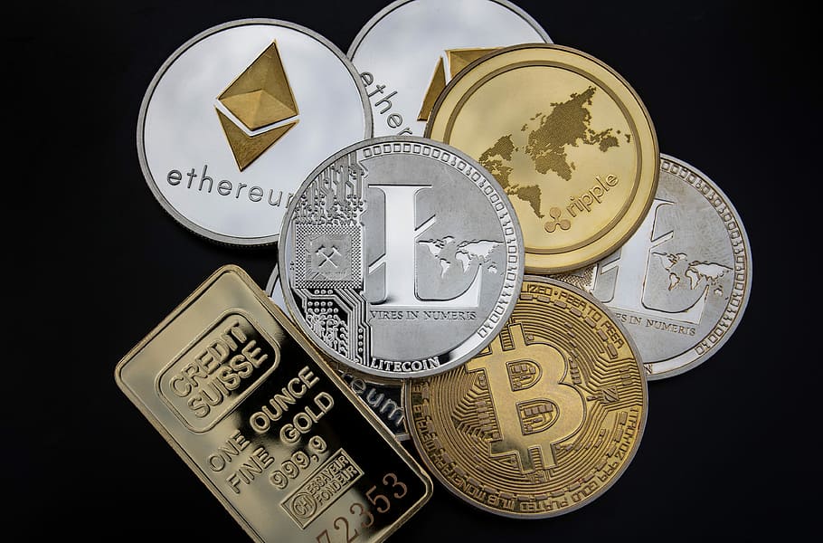 серебро, коллекция монет золотого цвета, криптовалюта, концепция, блокчейн, деньги, лайткойн, монета, золотой слиток, золото