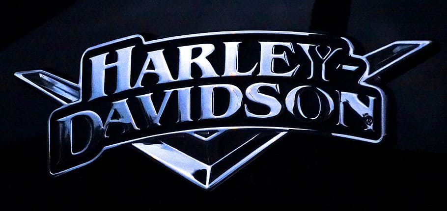harley-davidson logo, harley davidson, logo, sepeda motor, mengkilap, logam, hitam, chrome, teks, komunikasi