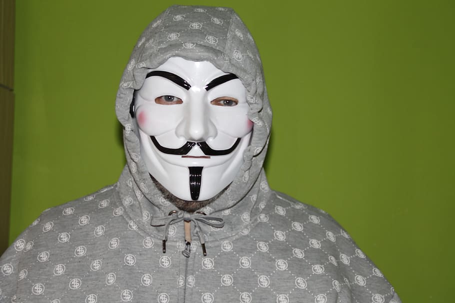 person, wearing, guy fawkes mask, mask, man, face, human, portrait, eyes, distinctive