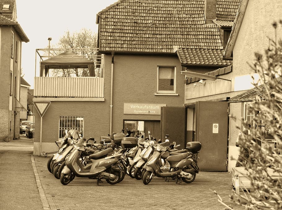 backyard, workshop, village, mopeds, machine, moped, motor scooter, motorcycle, mechano hog, sepia