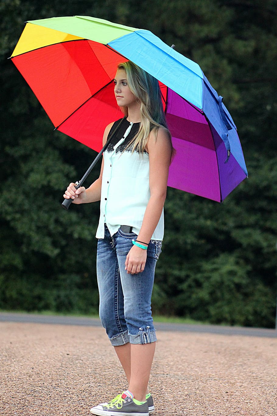 person, using, multicolored, umbrella, pretty, young, blonde, girl, outdoor, teen