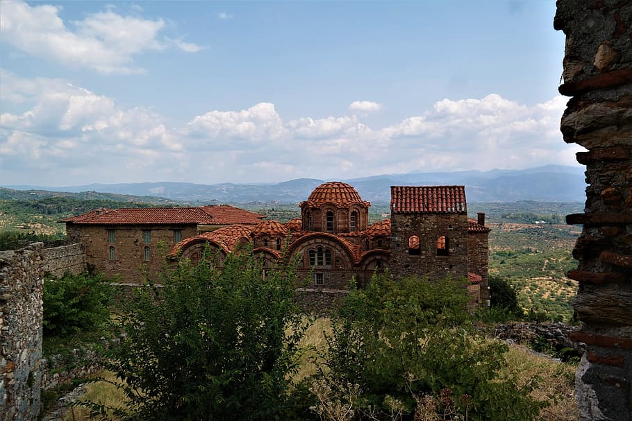 church, greece, mystras, byzantine, ruined city, architecture, built structure, building exterior, cloud - sky, building