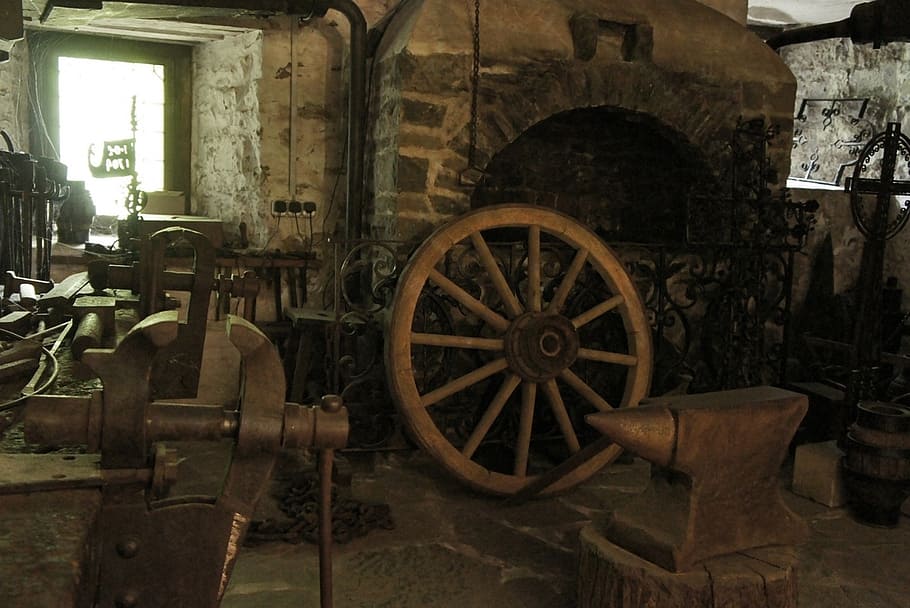 middle ages, forge, workshop, old, castle, wagon wheel, wheel, transportation, abandoned, architecture