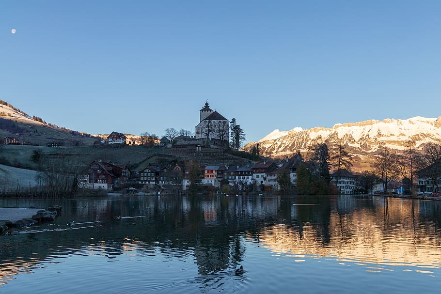 be mountain, lake, castle, village, reflect, idyllic, medieval, historically, mood, book