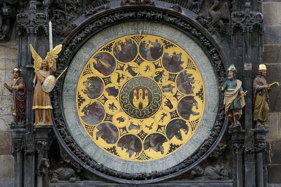 three, men, angel, standing, wall statues, astronomical clock, clock, history, prague, architecture