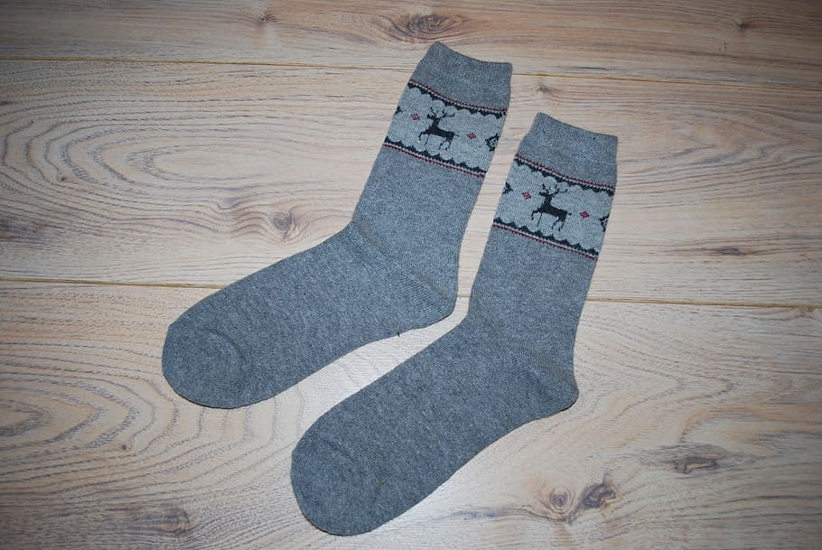 pair, gray, socks, placed, brown, wood, two, grey, deep, wool