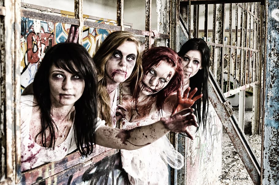 four, zombie woman, building ruins, zombies, undead, monster, horror, woman, female, blood