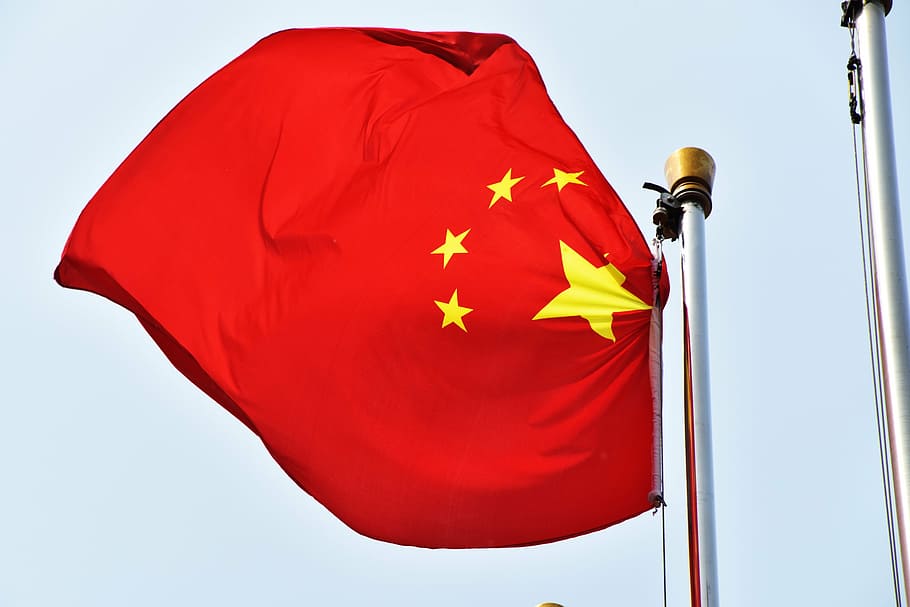 Bandeira da china, a bandeira nacional chinesa, bandeira, vermelho, m, patriotismo, céu, pólo, vento, natureza