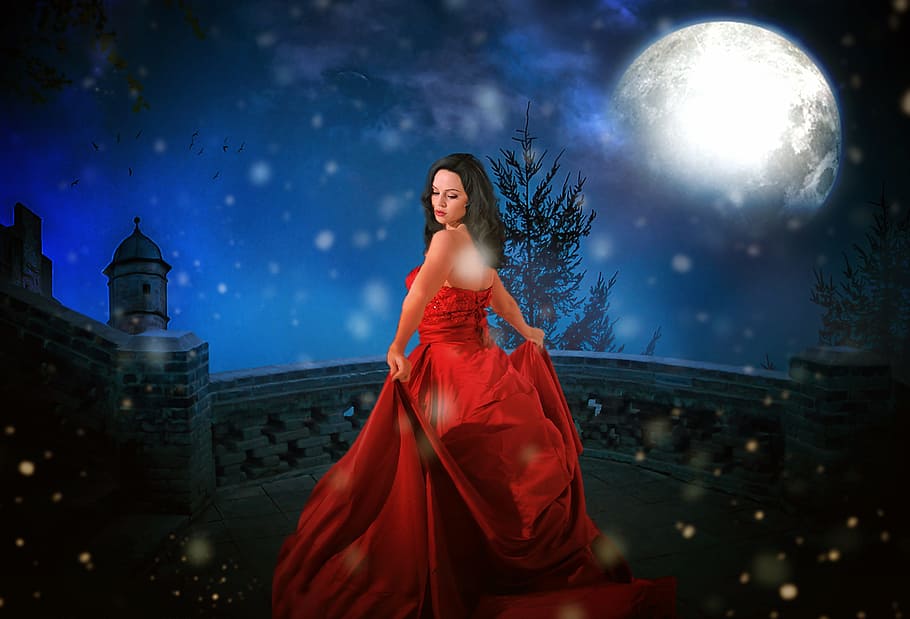 woman, wearing, red, dress, bridge, princess, castle, moon, full moon, half moon