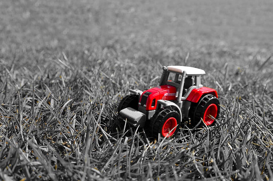 small, red, toy tractor, grass, Tractor, machine, miniature, monochrome, public domain, red tractor