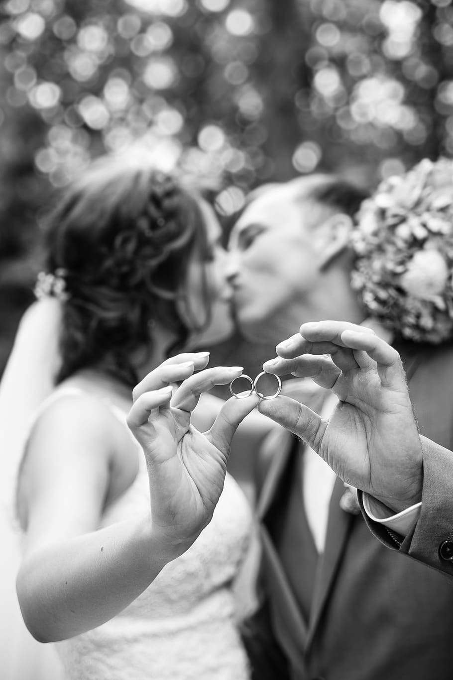 bride, groom, kissing, Wedding, Kiss, Hands, Rings, kiss, hands, lovers, marry