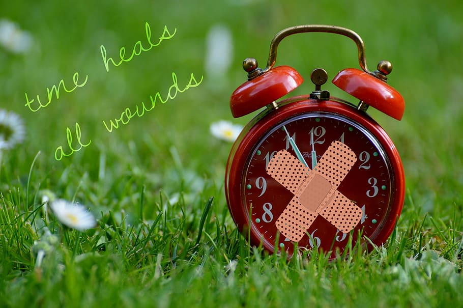 shallow, focus photography, red, alarm clock, grass field, time heals all wounds, consolation, encourage, motivation, time