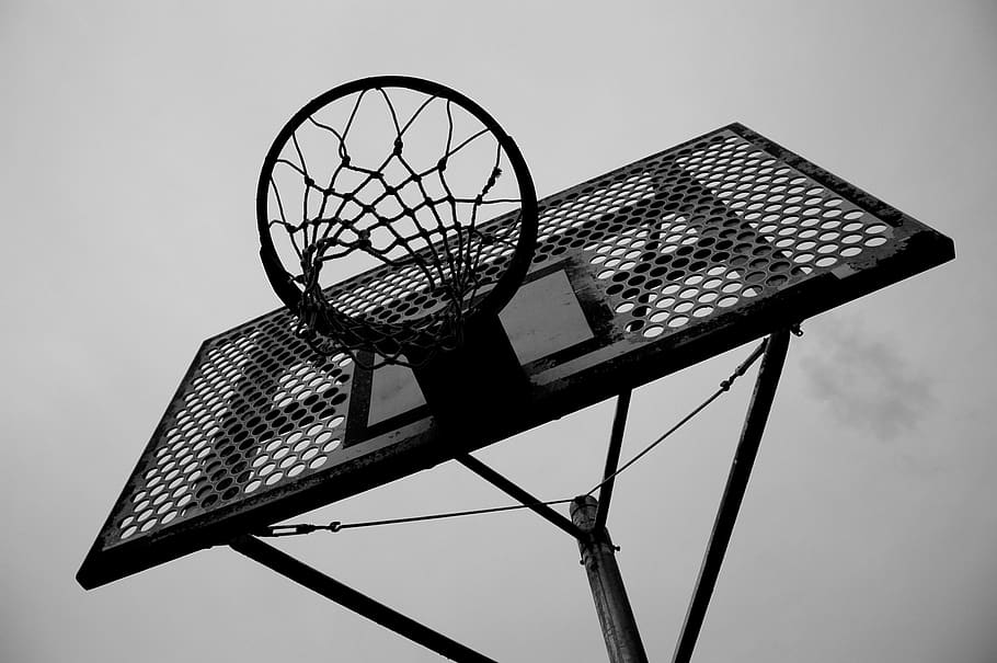 basketball, sports, black and white, basketball hoop, sky, low angle view, basketball - sport, sport, nature, day