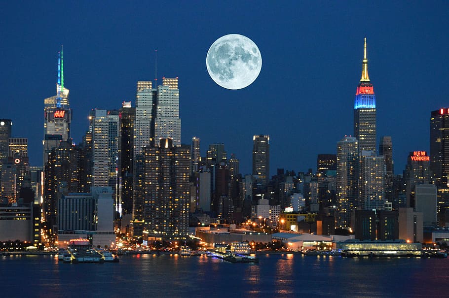 도시의 스카이 라인, 완전한, 달, 시티, 수평선, 마천루, 구조, 미국, 맨해튼, 밤