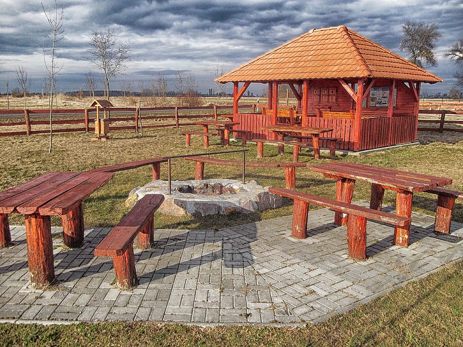 hungary, rest area, picnic spot, building, tables, benches, fire pit, sky, clouds, hdr