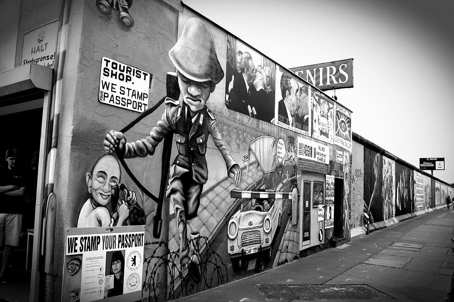 berlín, pared, arte, alemania, graffiti, comunismo, guerra, blanco negro, arquitectura, texto