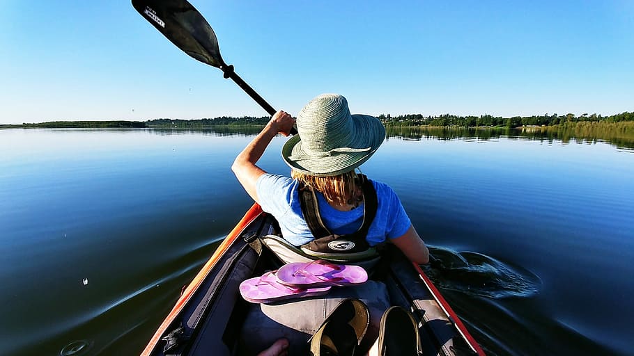 woman, sitting, red, kayak, green, trees, daytime, kayaking, paddling, vancouver lake