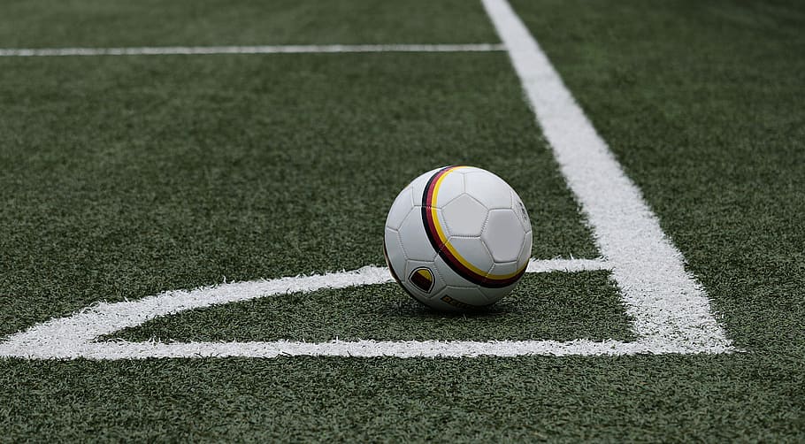 white, soccer ball, grass field, line, football, corner, ball, sport, rush, ball sports