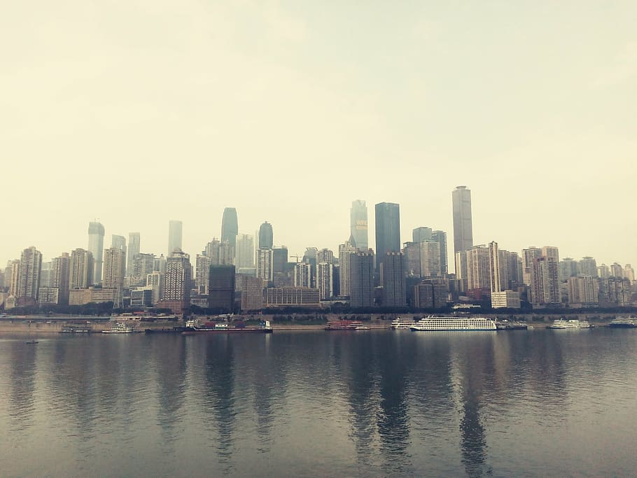 chongqing, kota, bangunan, kawasan bisnis, pencakar langit, sungai, tepi sungai, pusat kota, eksterior bangunan, arsitektur
