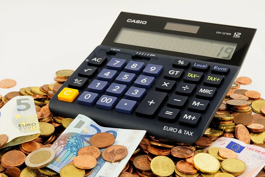 black, calculator, coin, banknote lot, euro, seem, money, finance, piggy bank, save